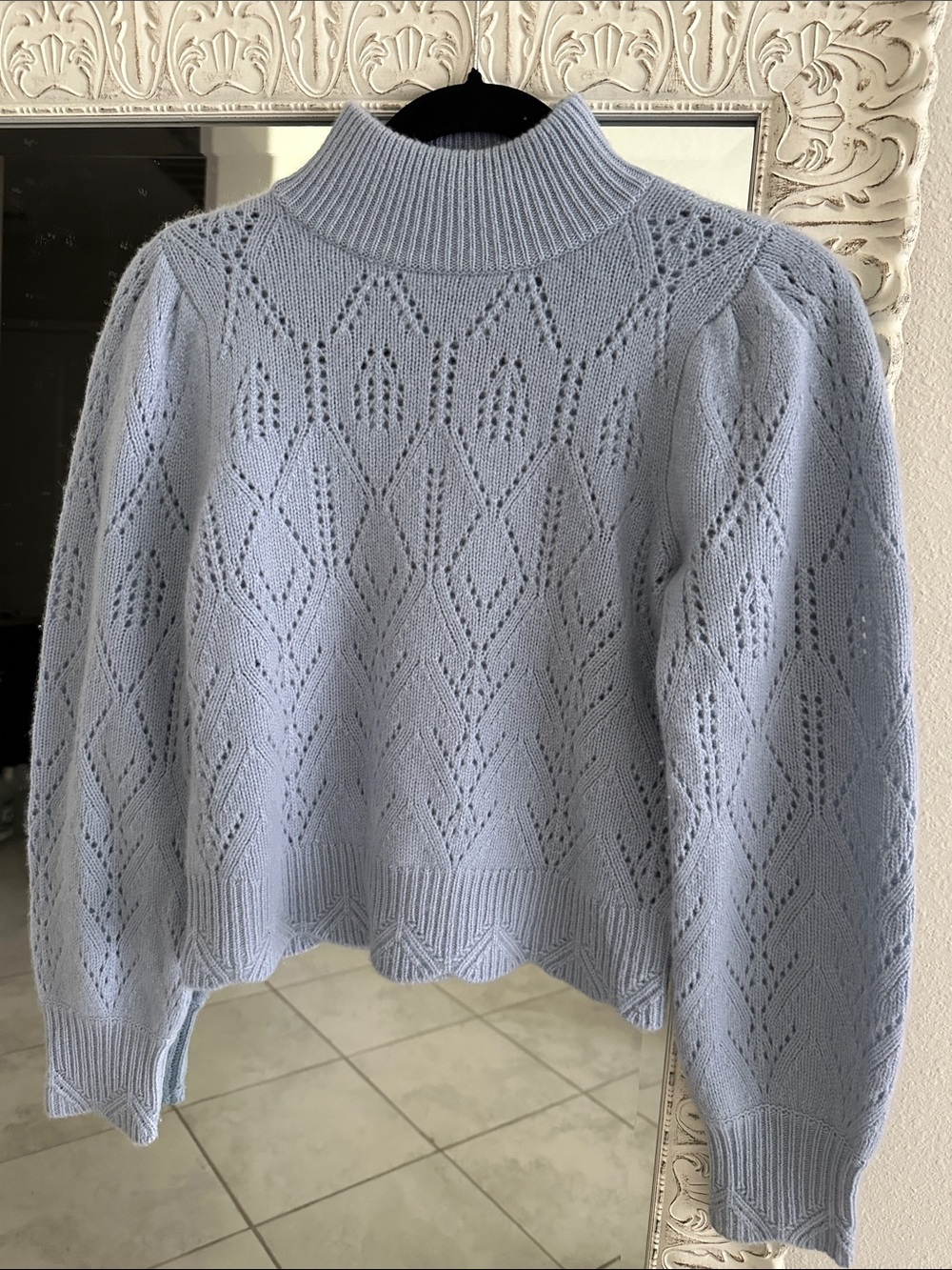 Aqua Cashmere Light Blue Pointelle Mock Neck Sweater